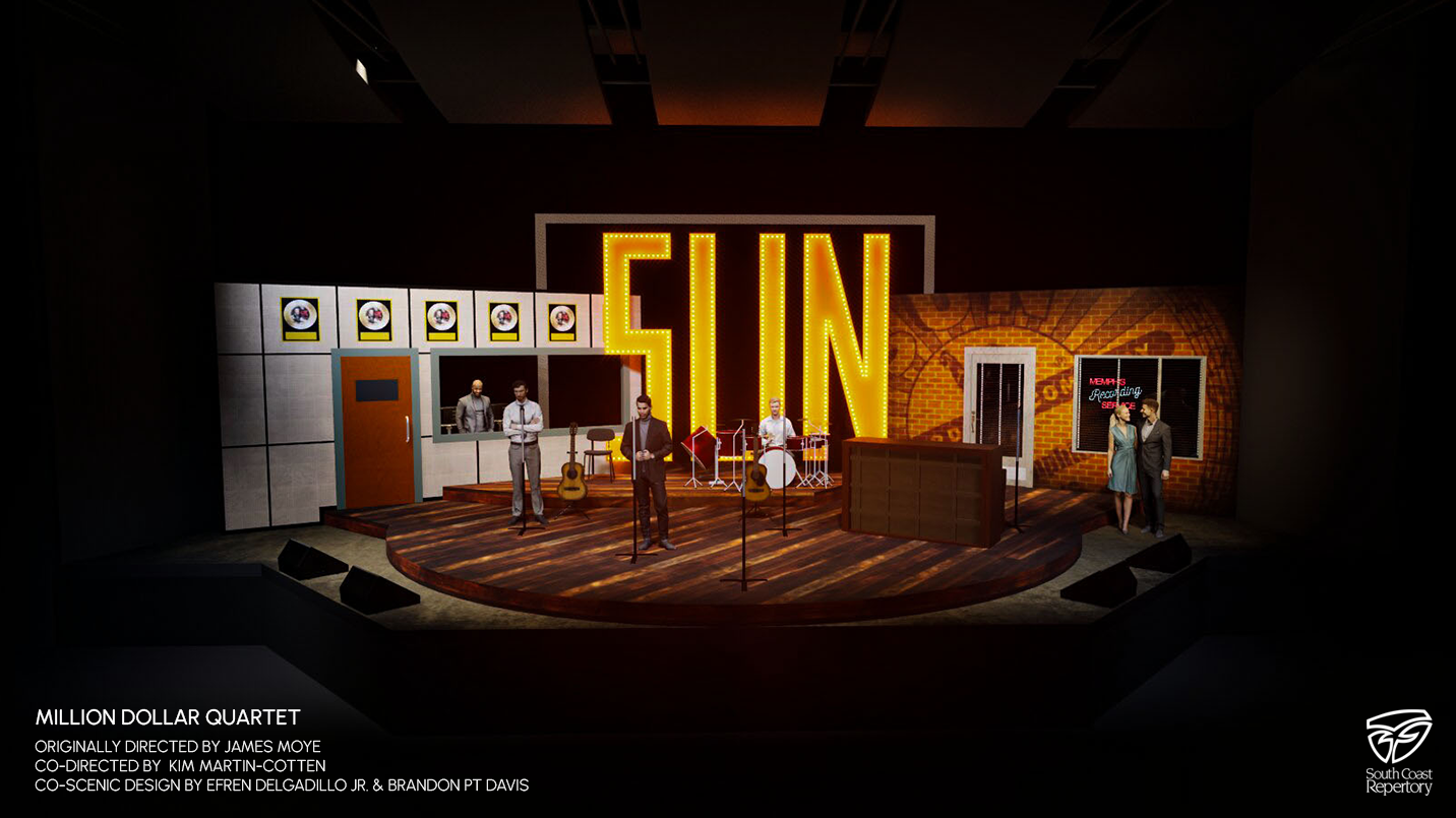 Million Dollar Quartet - Scenic design by Brandon PT Davis. Iconic recording studio set, vibrant 1950s aesthetic, capturing the legendary Elvis Presley session.