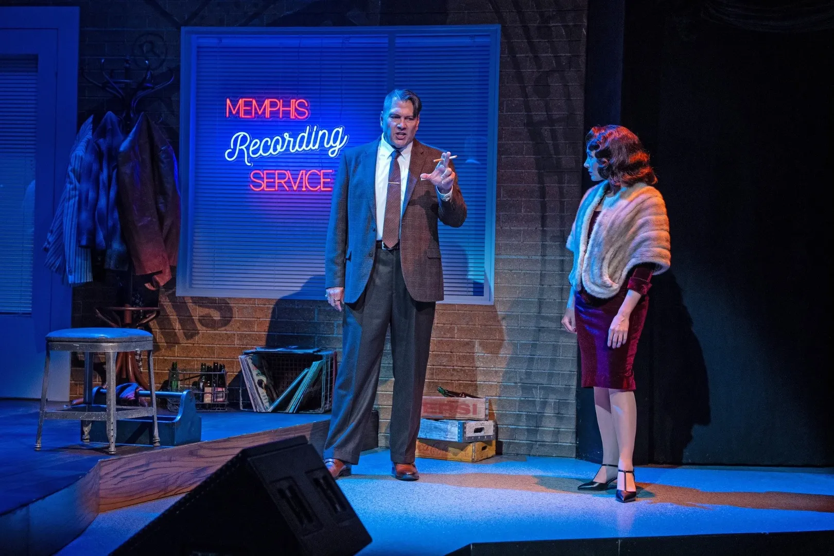 Million Dollar Quartet - Scenic design by Brandon PT Davis. A vibrant 1950s recording studio set, with vintage instruments and warm lighting, evoking the iconic Sun Records session.