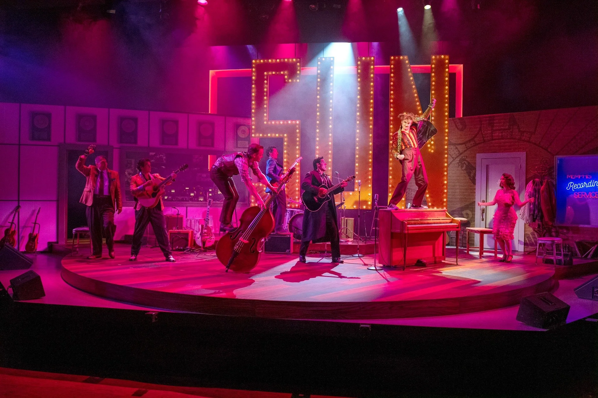 Million Dollar Quartet - Scenic design by Brandon PT Davis. A vibrant 1950s recording studio set with vintage instruments, capturing the iconic rock and roll session.