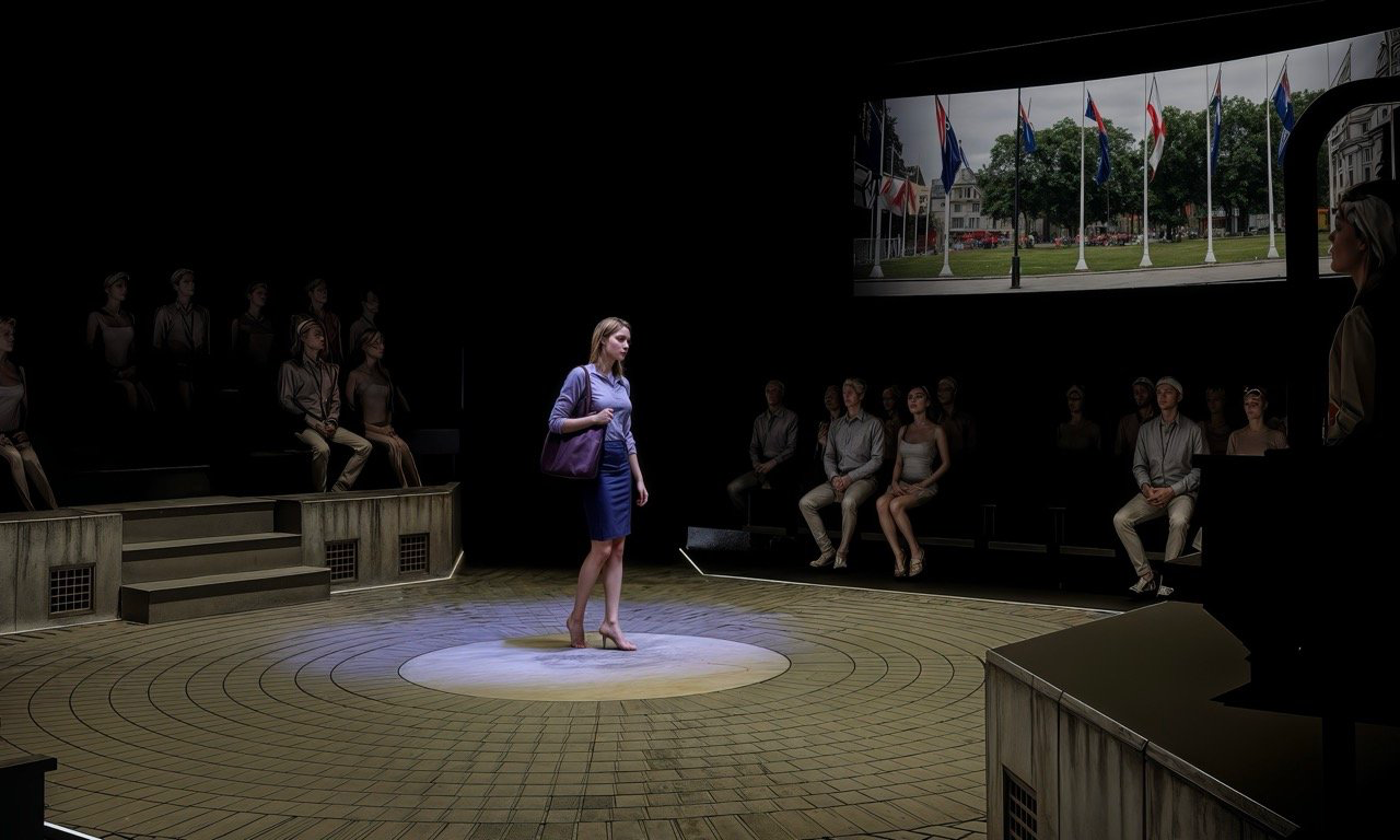 Parliament Square - Scenic design by Brandon PT Davis. A stark, modern set with geometric elements and cool lighting, conveying a tense urban atmosphere.