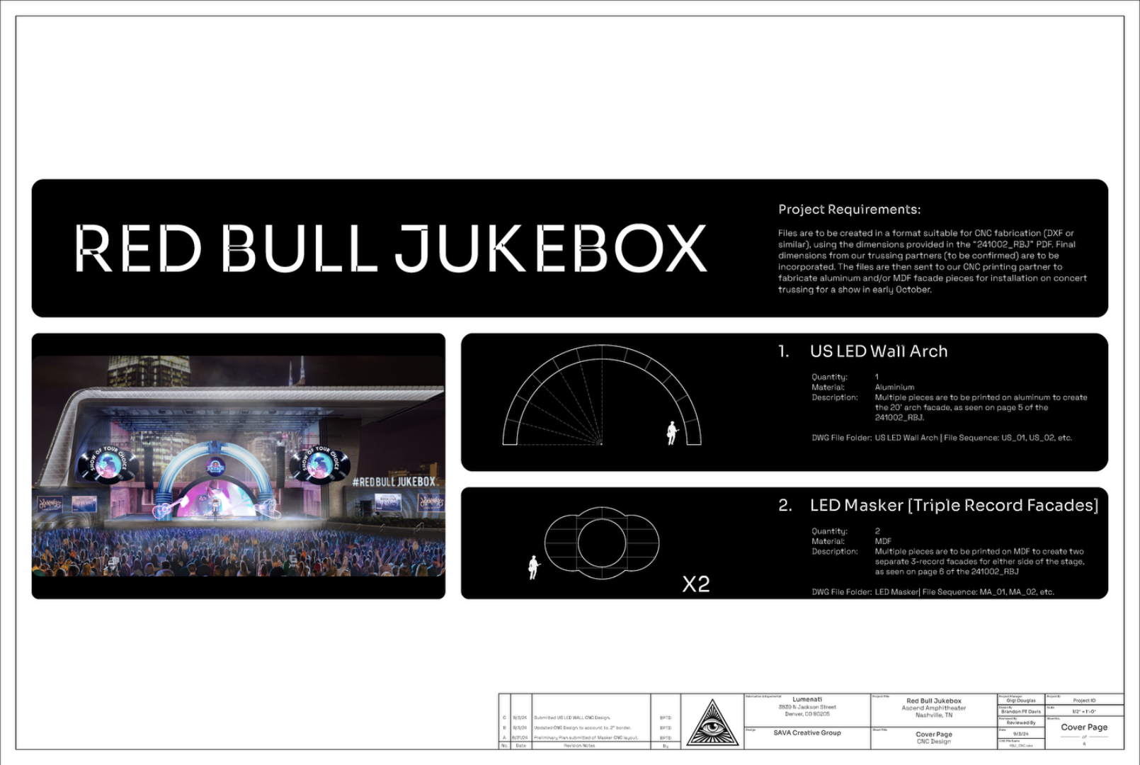 Red Bull Jukebox CNC fabrication drawings by Brandon PT Davis - Technical elevation and section drawings for monumental LED wall arch with precise panel segmentation and connection details.