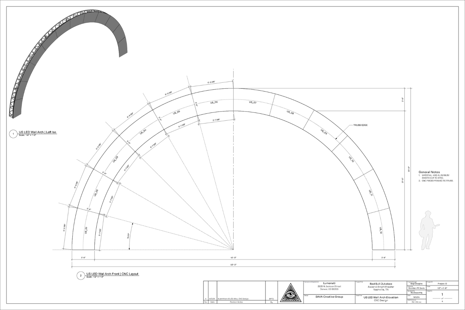 Red Bull Jukebox CNC layout drawings by Brandon PT Davis - Detailed CNC cutting patterns for layered façade components with arc radii coordination and assembly sequencing.