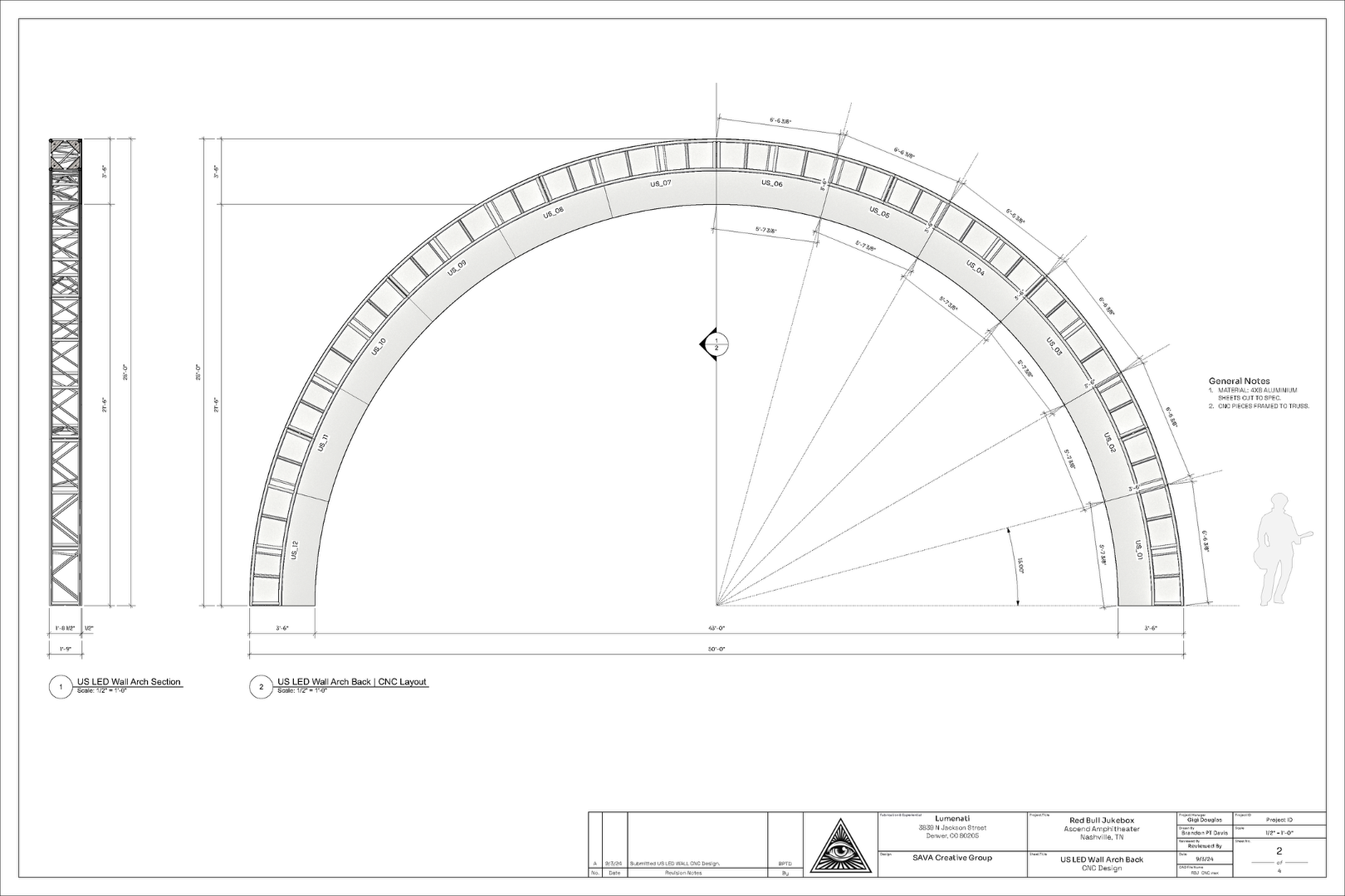 Red Bull Jukebox fabrication documentation by Brandon PT Davis - CNC panel layouts with dimensional specifications, material callouts (aluminum/MDF), and truss system integration details.