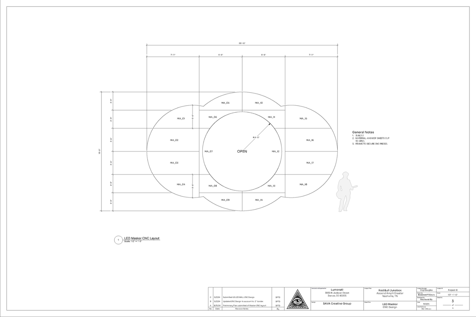 Red Bull Jukebox technical drawings by Brandon PT Davis - Human-scale reference drawings showing LED arch proportions, sightline analysis, and venue integration for Ascend Amphitheater.