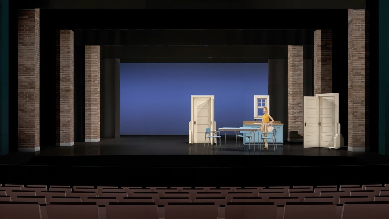 The Pajama Game - Scenic design by Brandon PT Davis. Vibrant 1950s factory setting with bright colors and dynamic staging, capturing the musical's energetic spirit.