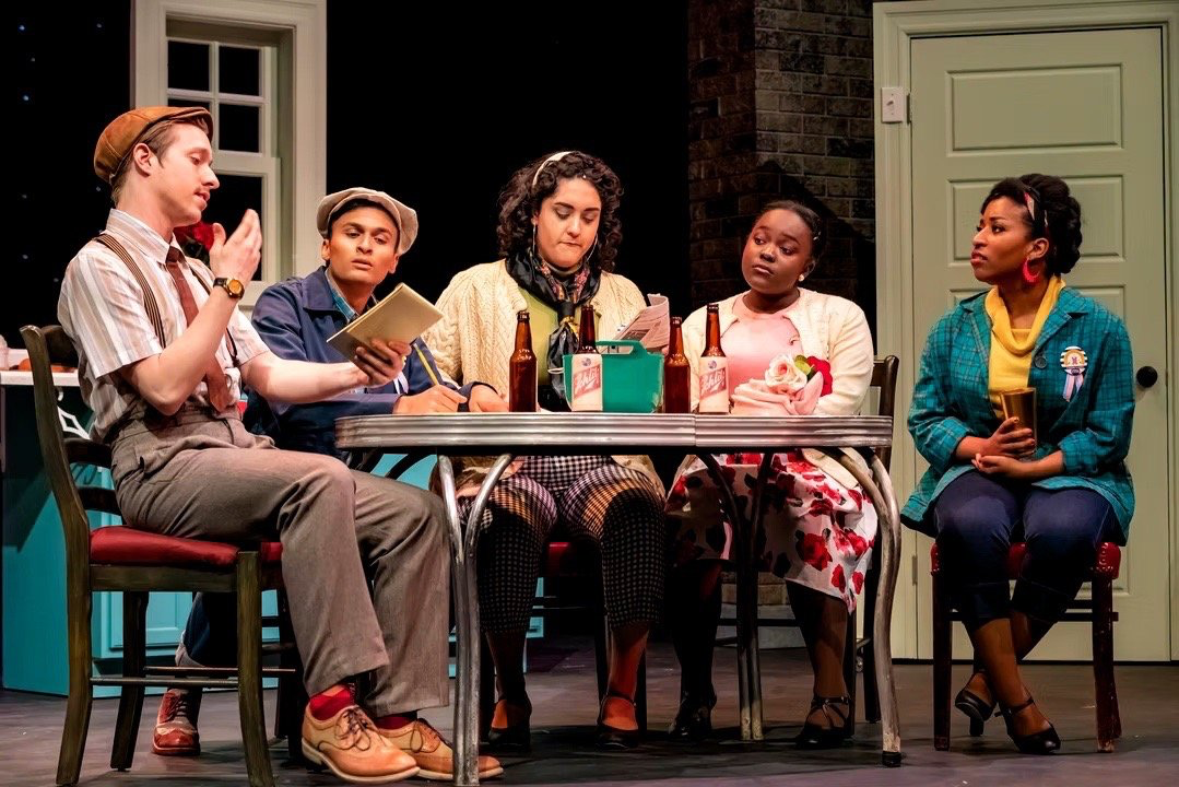 The Pajama Game - Scenic design by Brandon PT Davis. Vibrant 1950s factory set with bright colors, dynamic machinery, and a lively atmosphere.