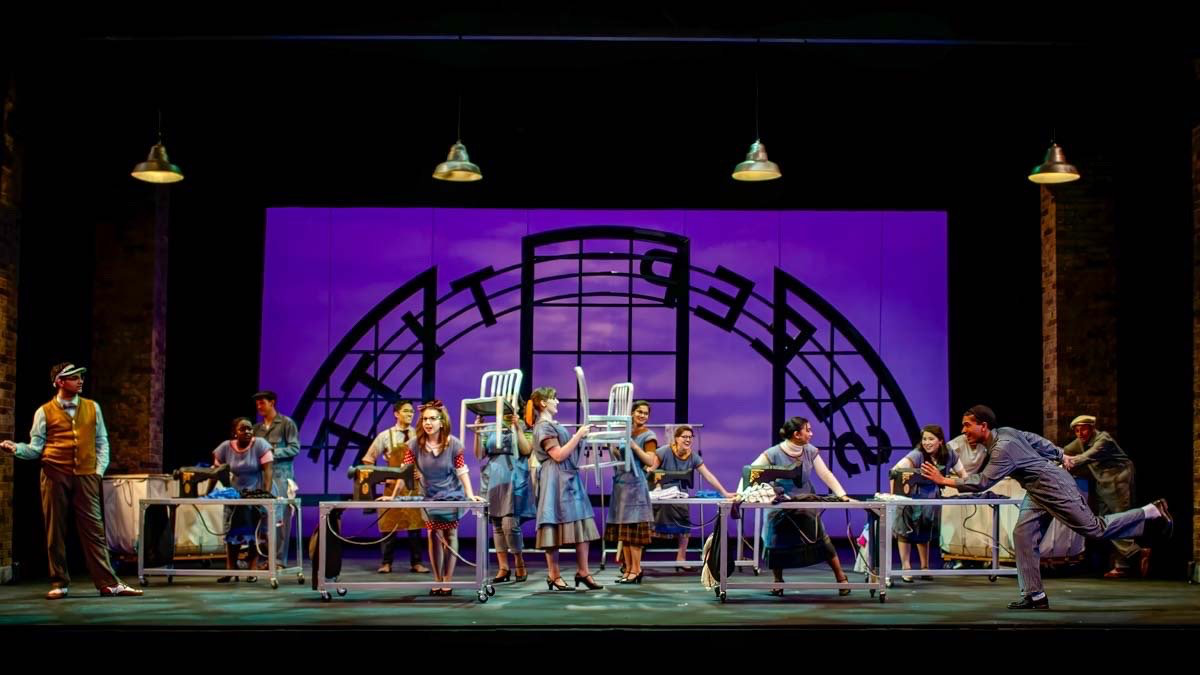 The Pajama Game - Scenic design by Brandon PT Davis. Vibrant 1950s factory setting with bright colors and dynamic staging.