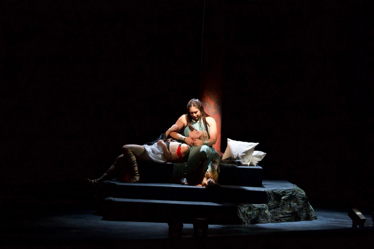 The Penelopiad - Scenic design by Brandon PT Davis. Symbolic set with flowing fabrics, cool blue lighting, and stark composition, evoking an ancient, ethereal atmosphere.