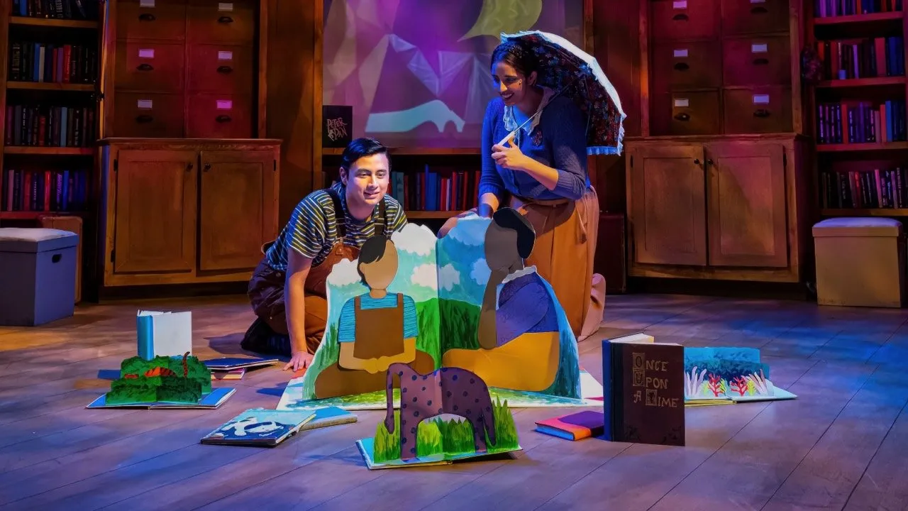 Tomás and the Library Lady - Scenic design by Brandon PT Davis. Vibrant library setting with colorful books and inviting spaces, celebrating literacy.