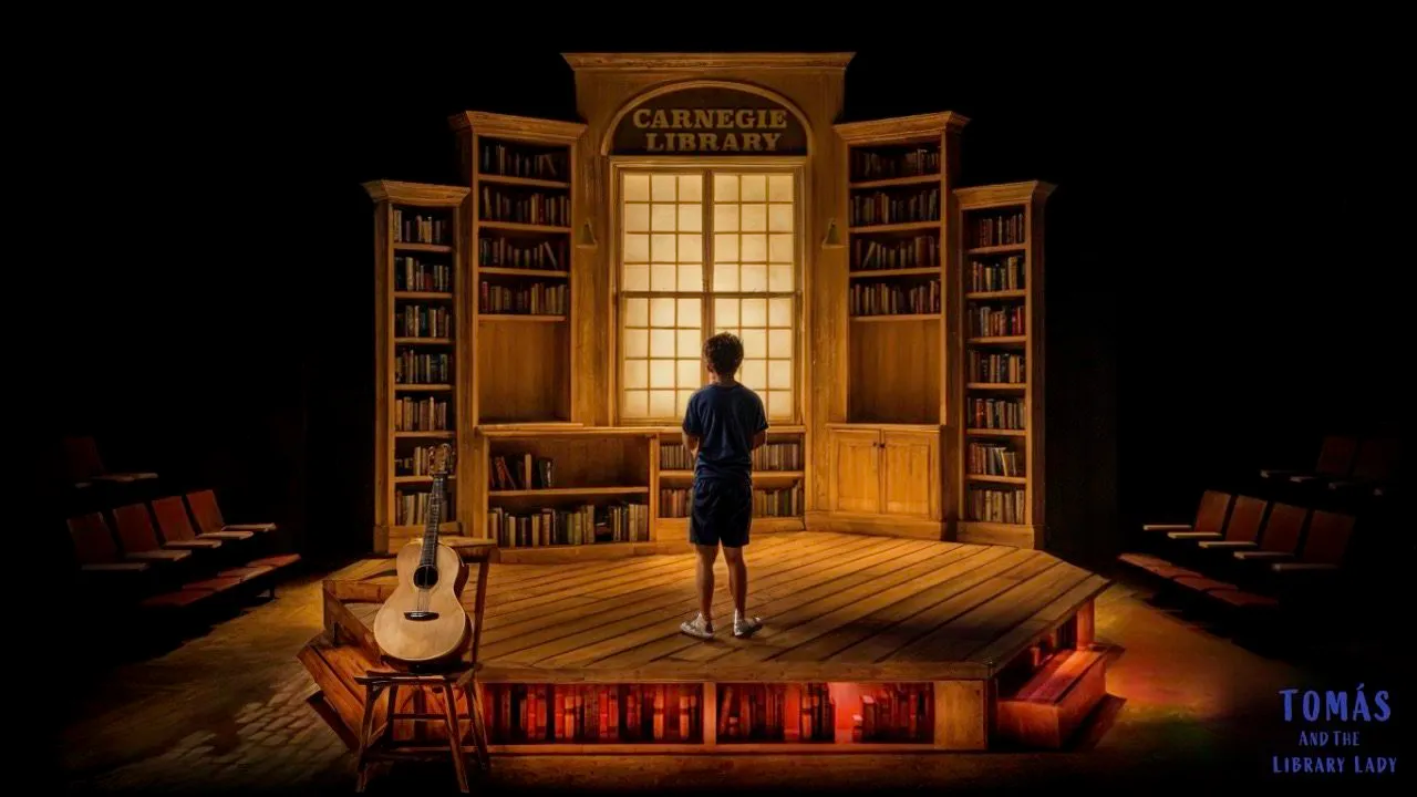 Tomás and the Library Lady - Scenic design by Brandon PT Davis. Vibrant library set, colorful books, and warm lighting evoke a welcoming, literacy-celebrating atmosphere.