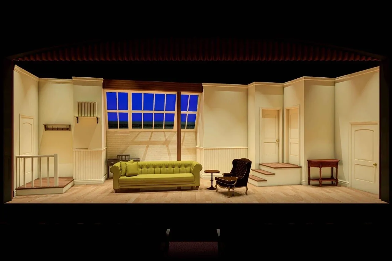 Barefoot in the Park - Scenic design by Brandon PT Davis. A cozy, slightly cluttered New York City apartment set, suggesting a newlywed's first home.