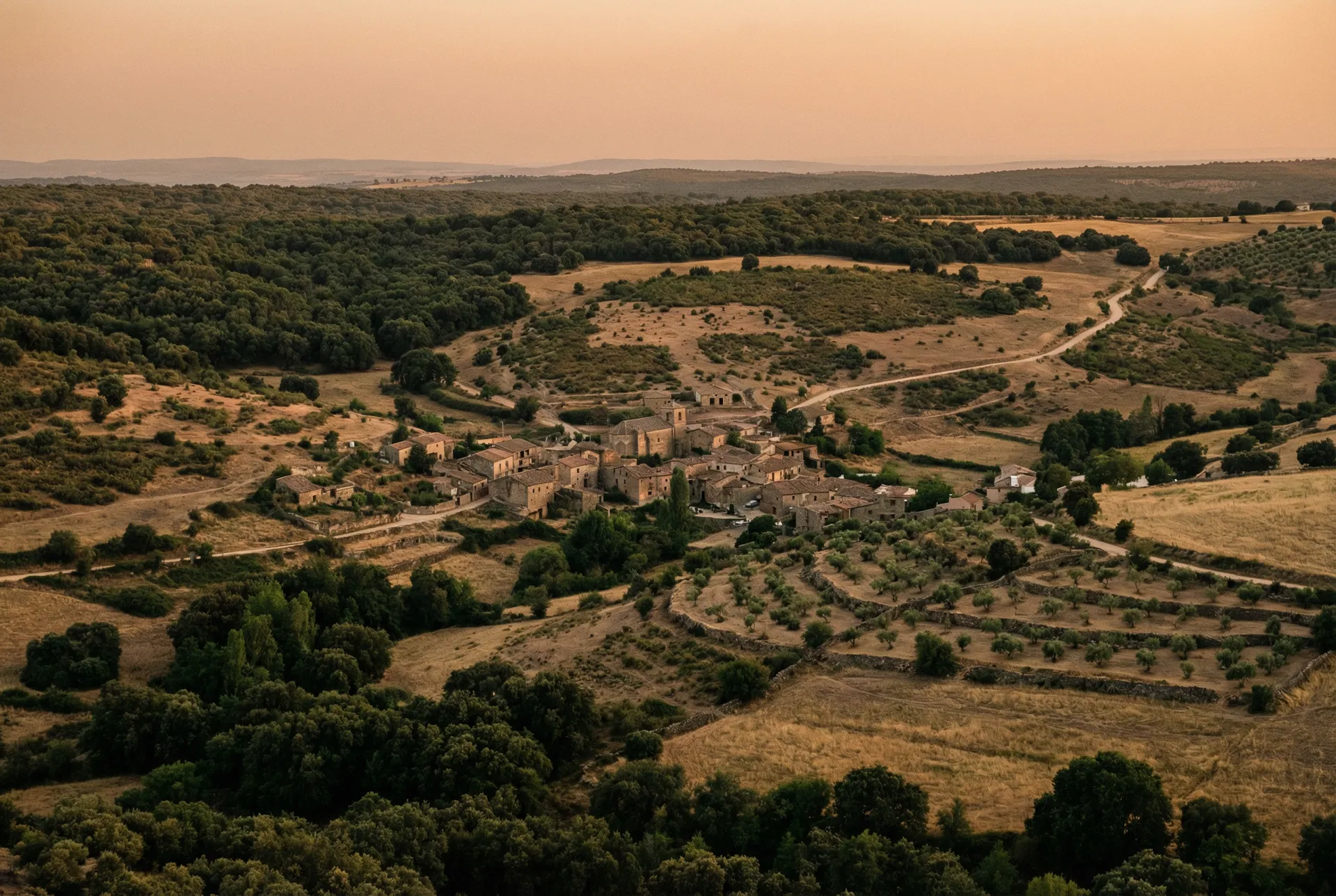 Paisaje rural español con municipio y hábitats naturales