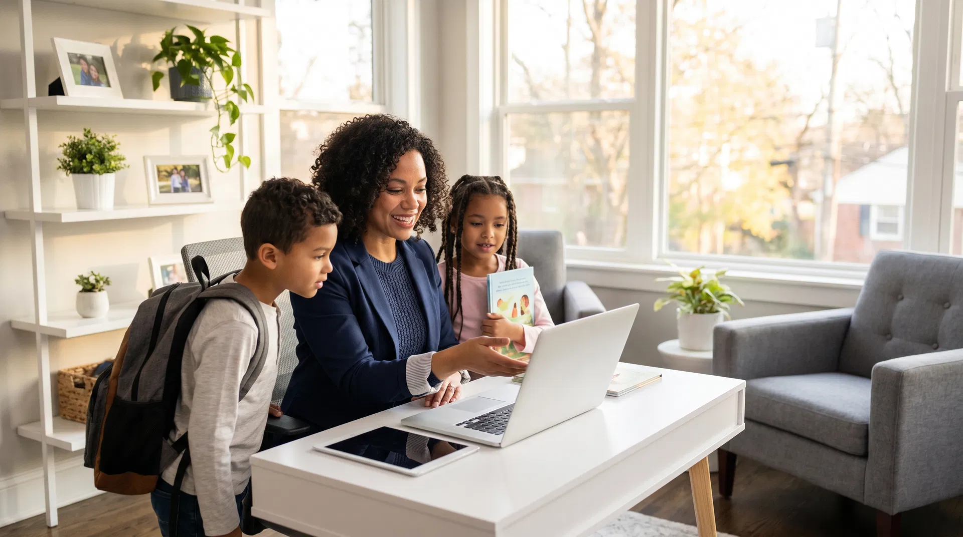Working mom thriving at her computer with kids