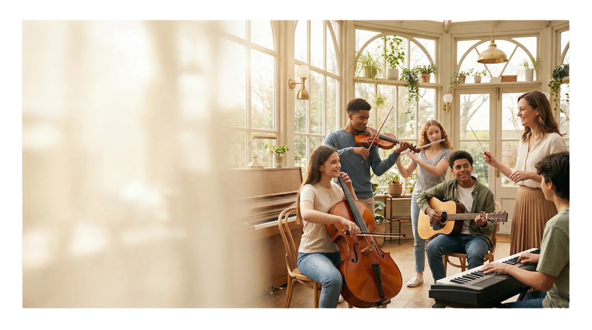 Students participating in a welcoming group music lesson