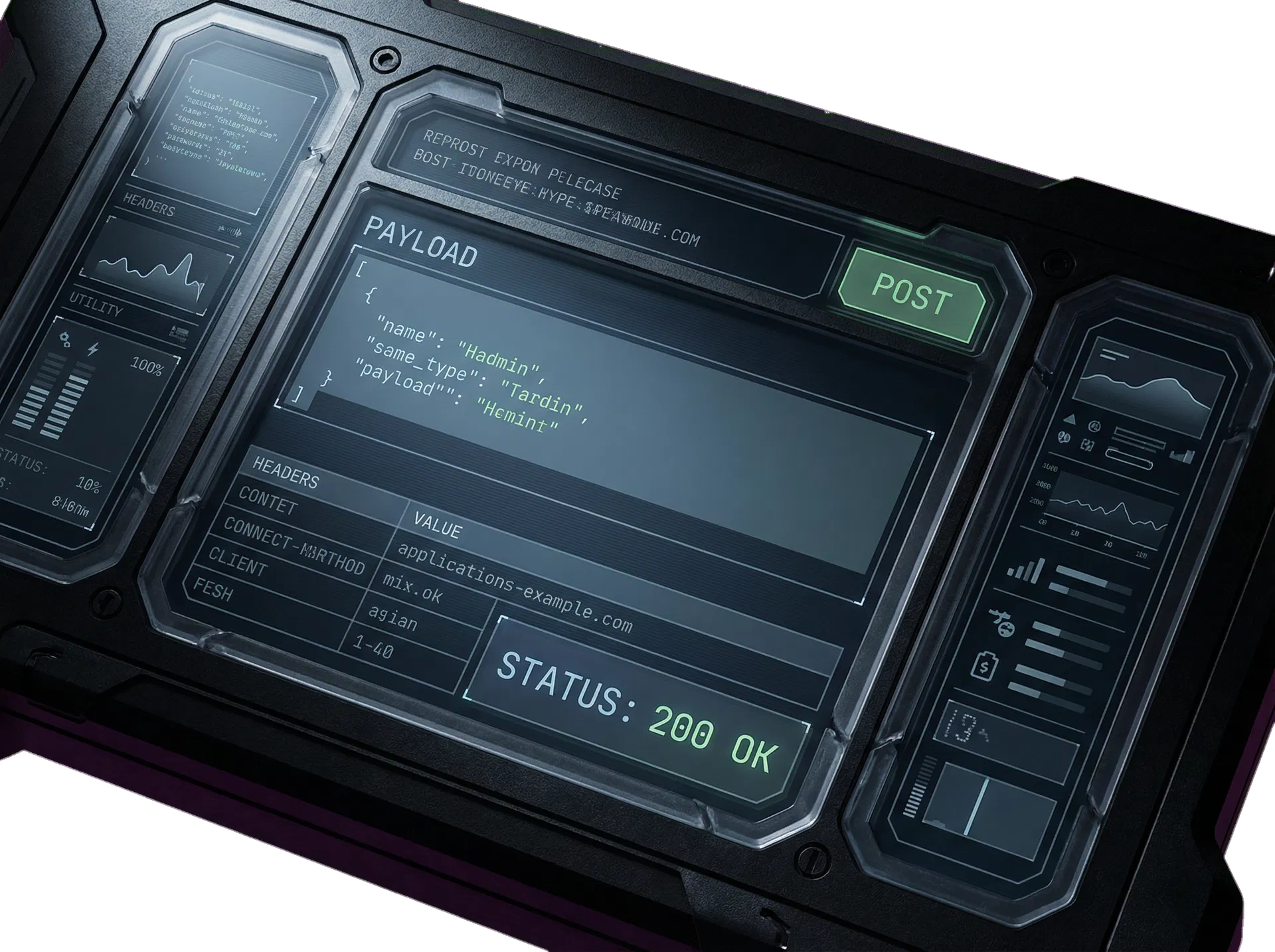 Detalhe visual de console com payload e status