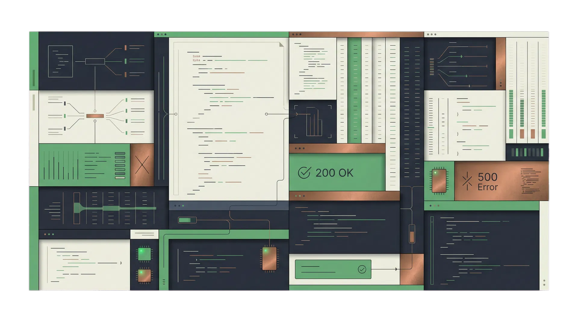 Painel visual abstrato representando fluxos e respostas de API