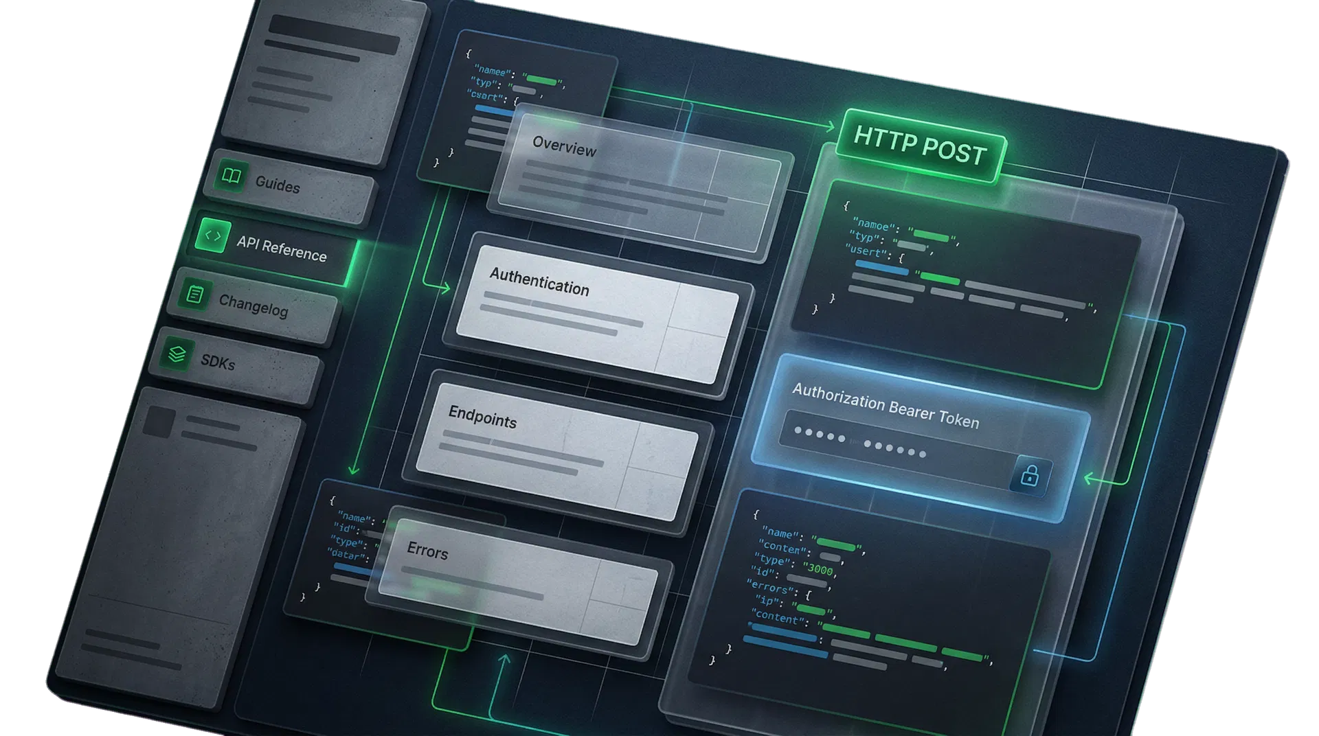 Painel técnico ilustrando um portal de documentação de API
