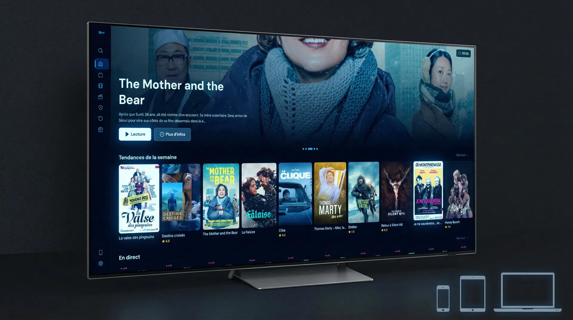 Smart TV affichant l'interface BLC TV Player avec films, séries et chaînes TV en direct — IPTV Premium