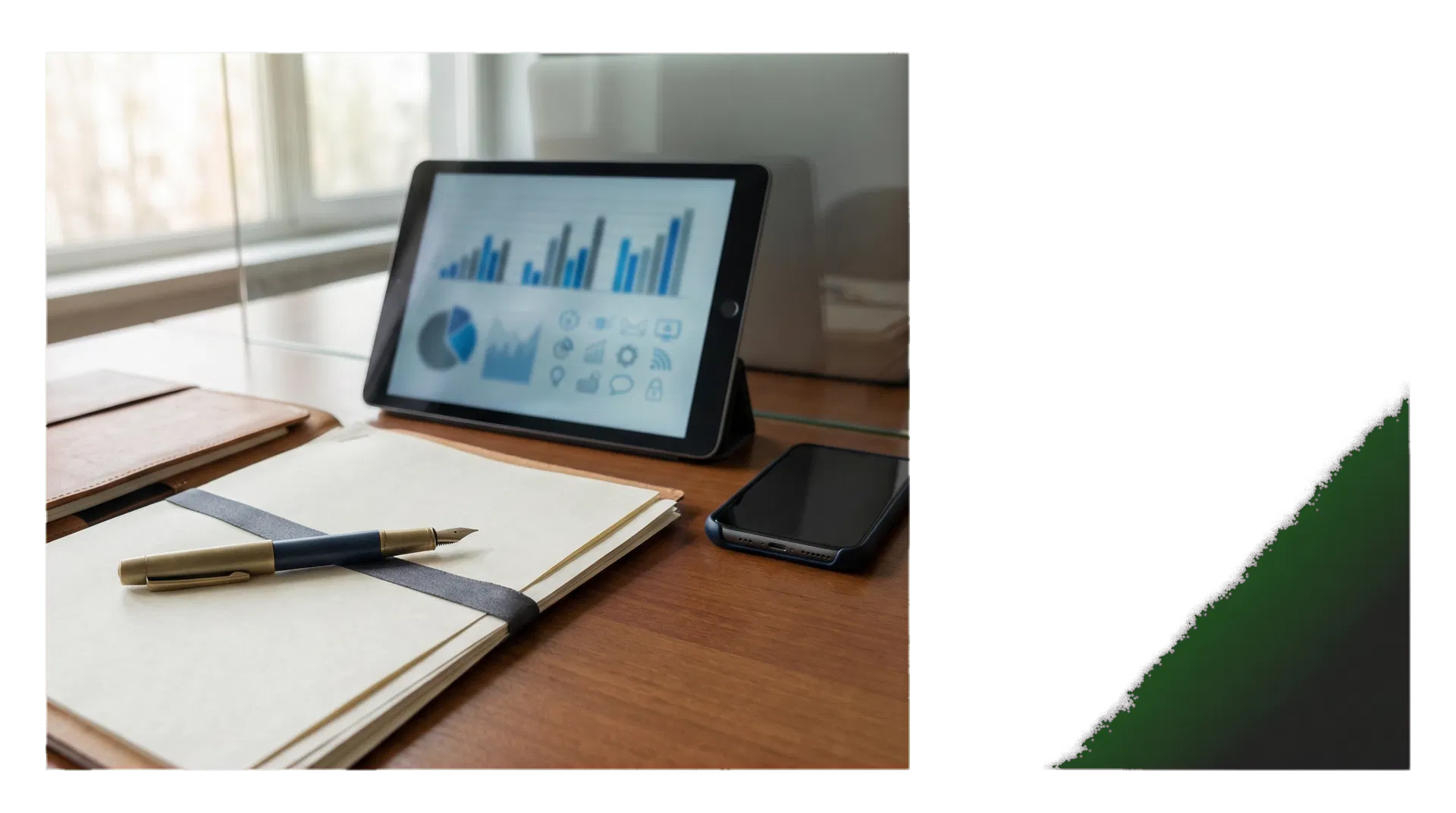 Detalle editorial de escritorio profesional con elementos de contacto y coordinación