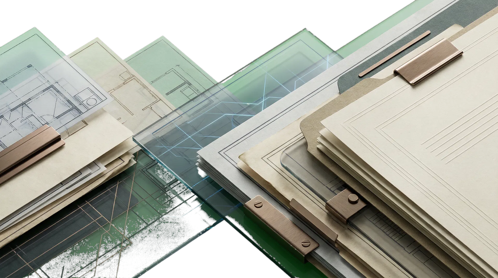 Composición visual de carpetas, planos y capas técnicas