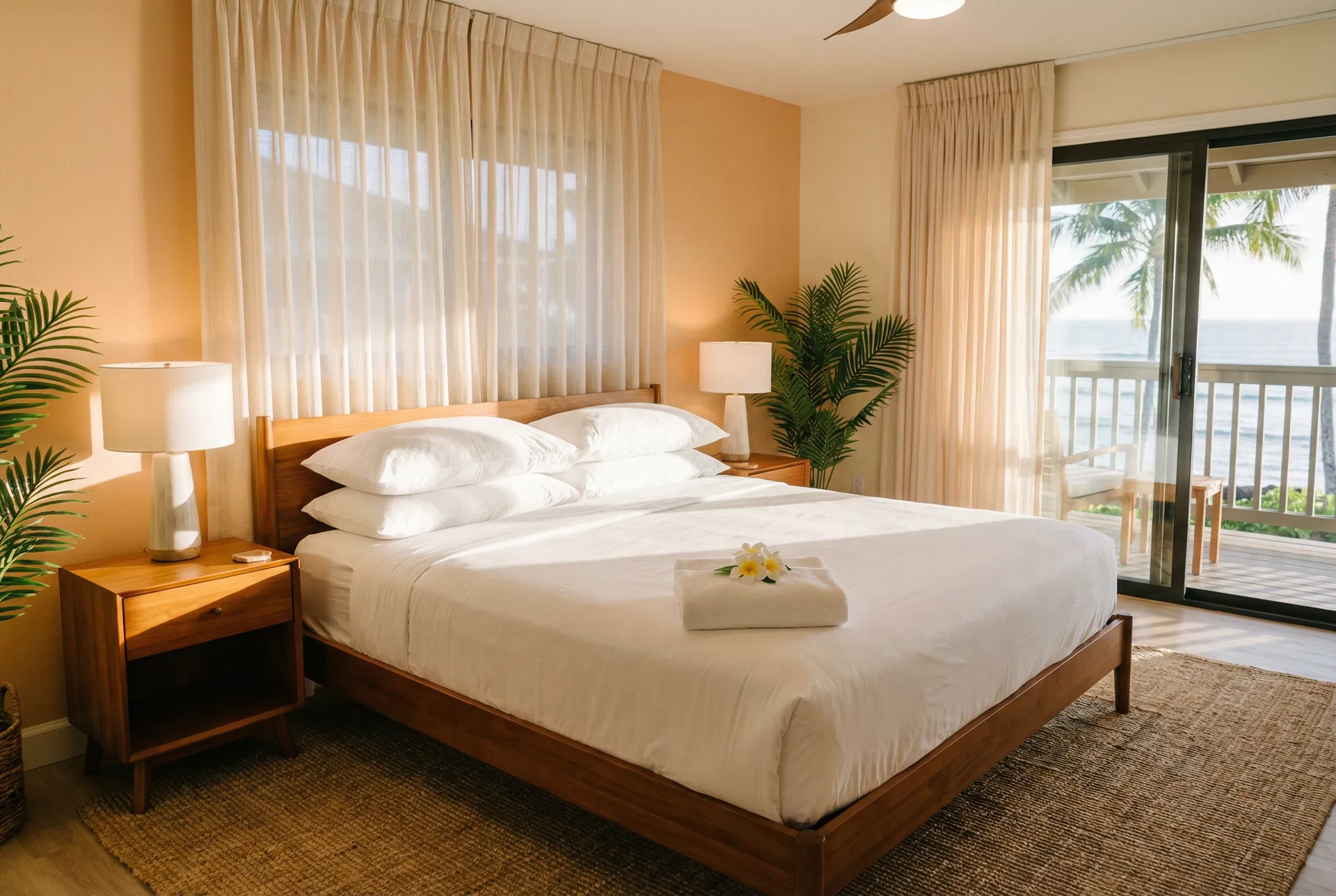 Professionally staged luxury bedroom in Oahu vacation rental - Peachee Cleaning turnover service