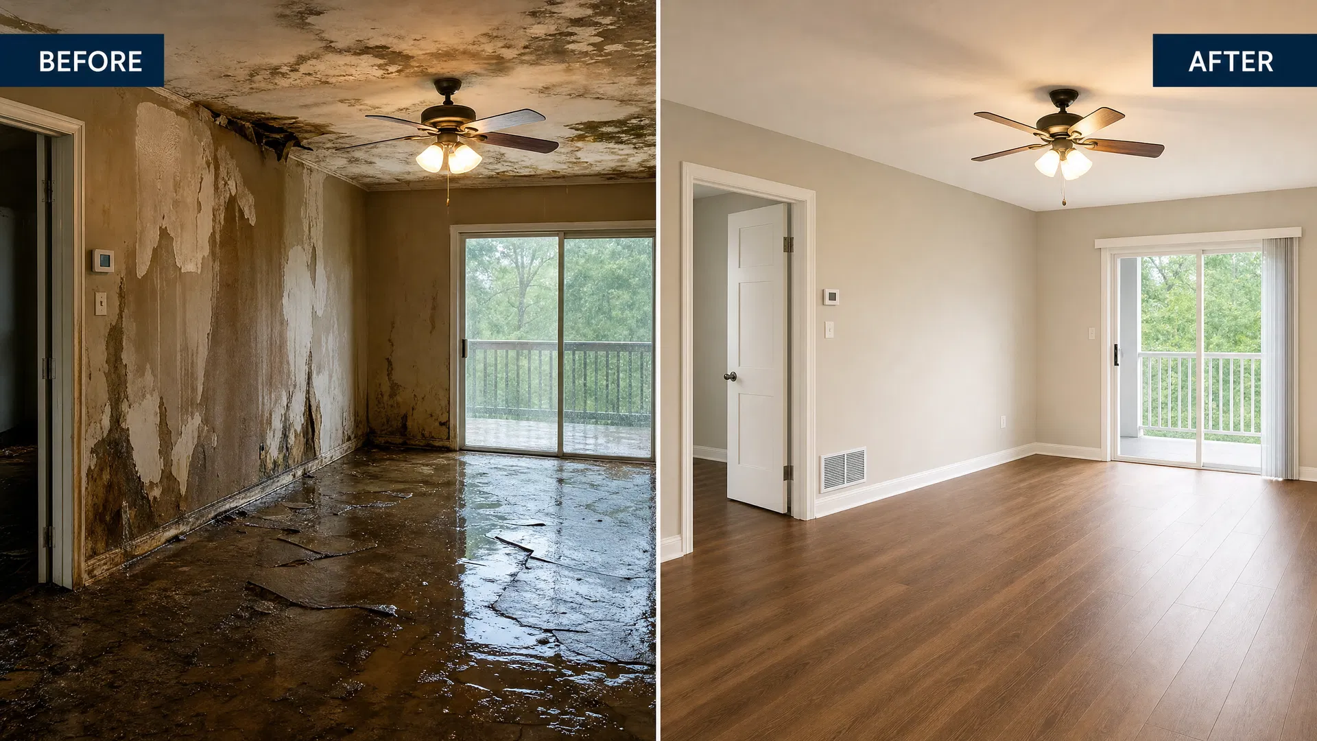 Before and after JDR water damage restoration in a Dallas–Fort Worth home