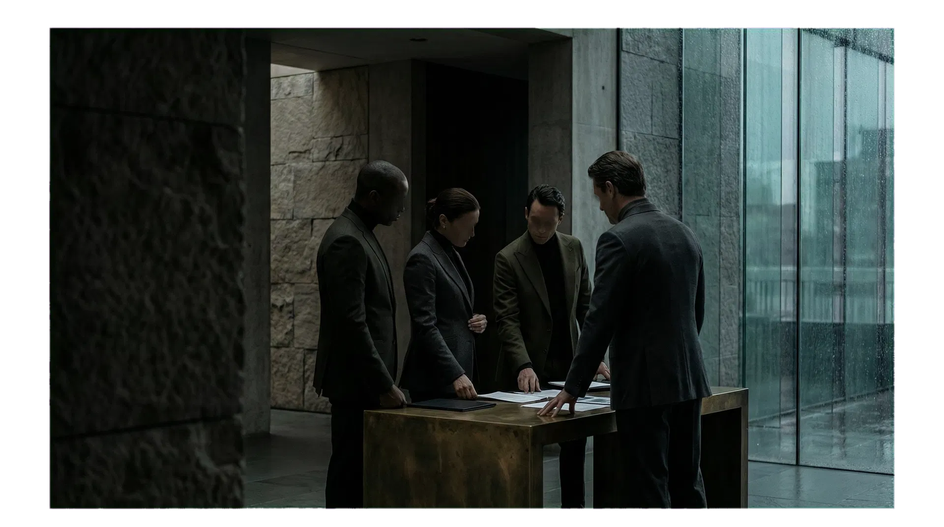 Anonymous leadership group in a dark architectural setting