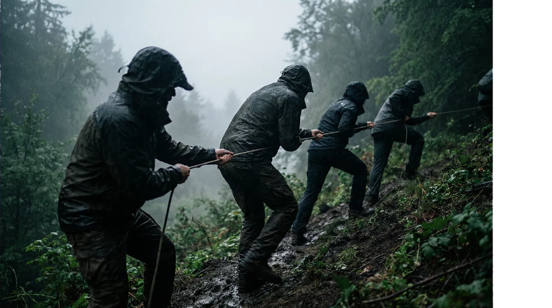 Group moving through a difficult outdoor environment in poor weather