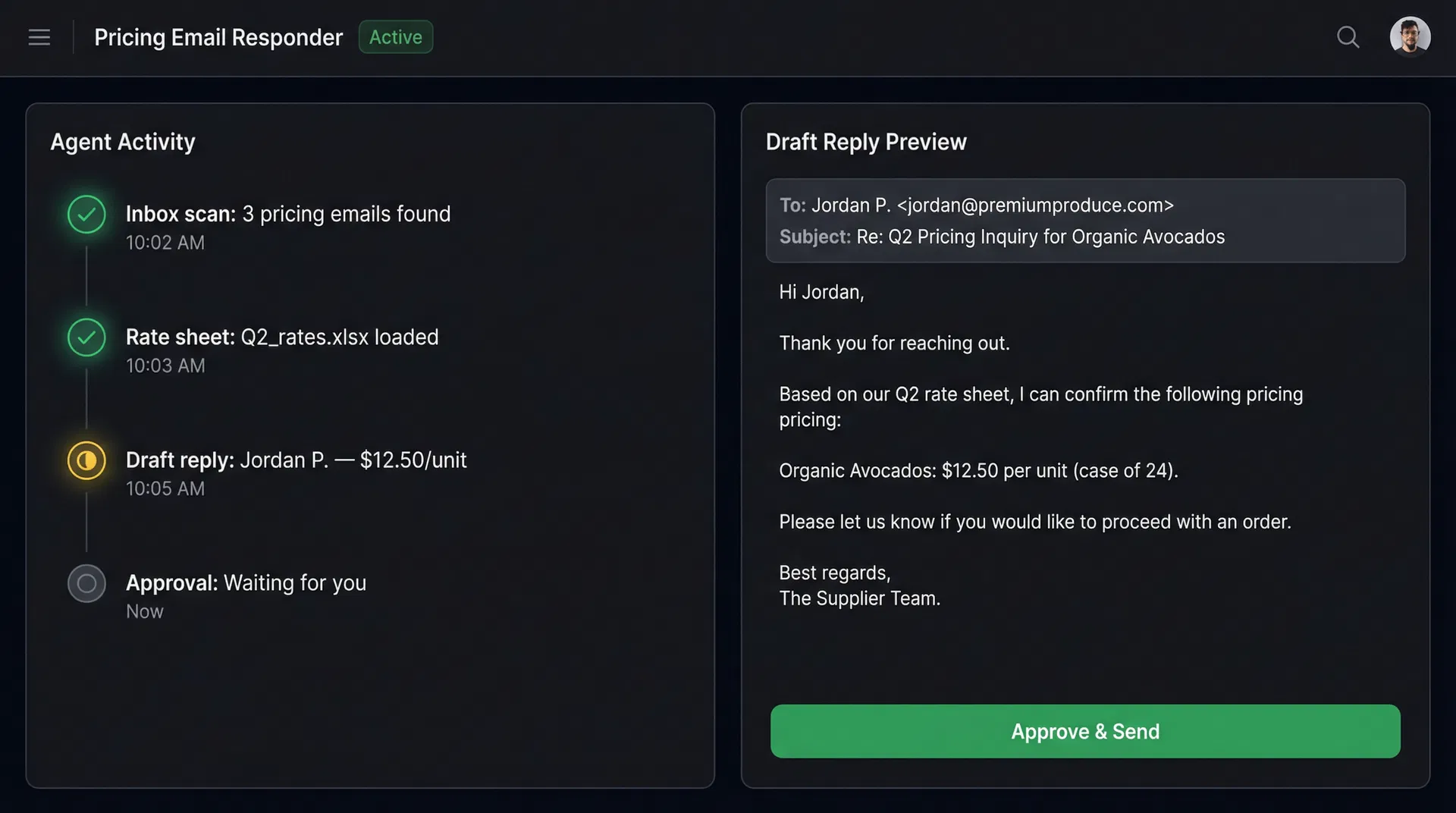 Handles supplier emails while you run the kitchen.