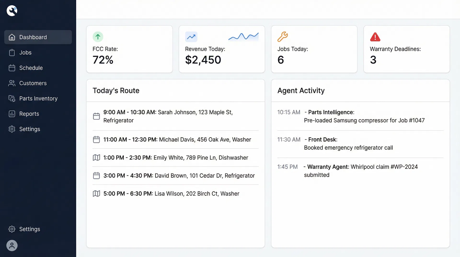 A screenshot of the Sterling Crew dashboard showing the Diagnostic Agent's analysis of an appliance issue.