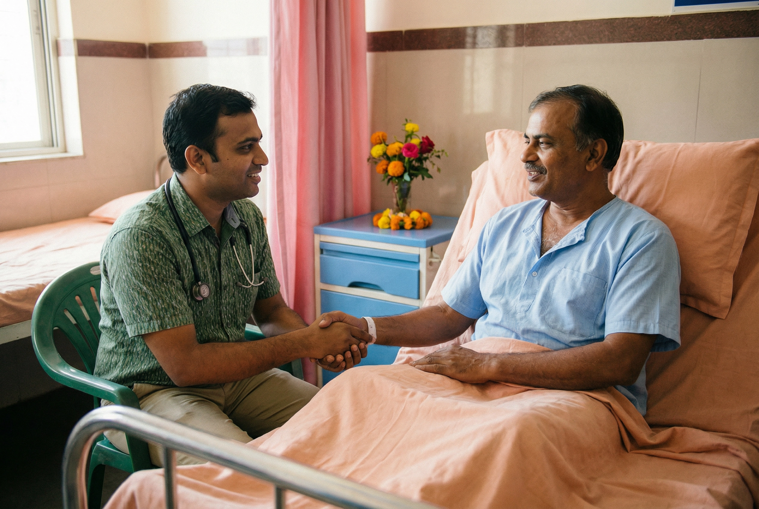 Male doctor providing compassionate palliative care to a patient in hospital