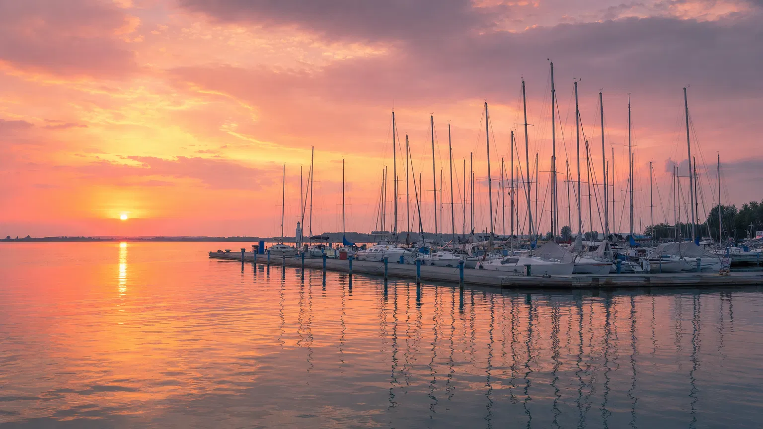 Siófok vitorláskikötő naplementekor – Caesar Vendégház közelében, Balaton