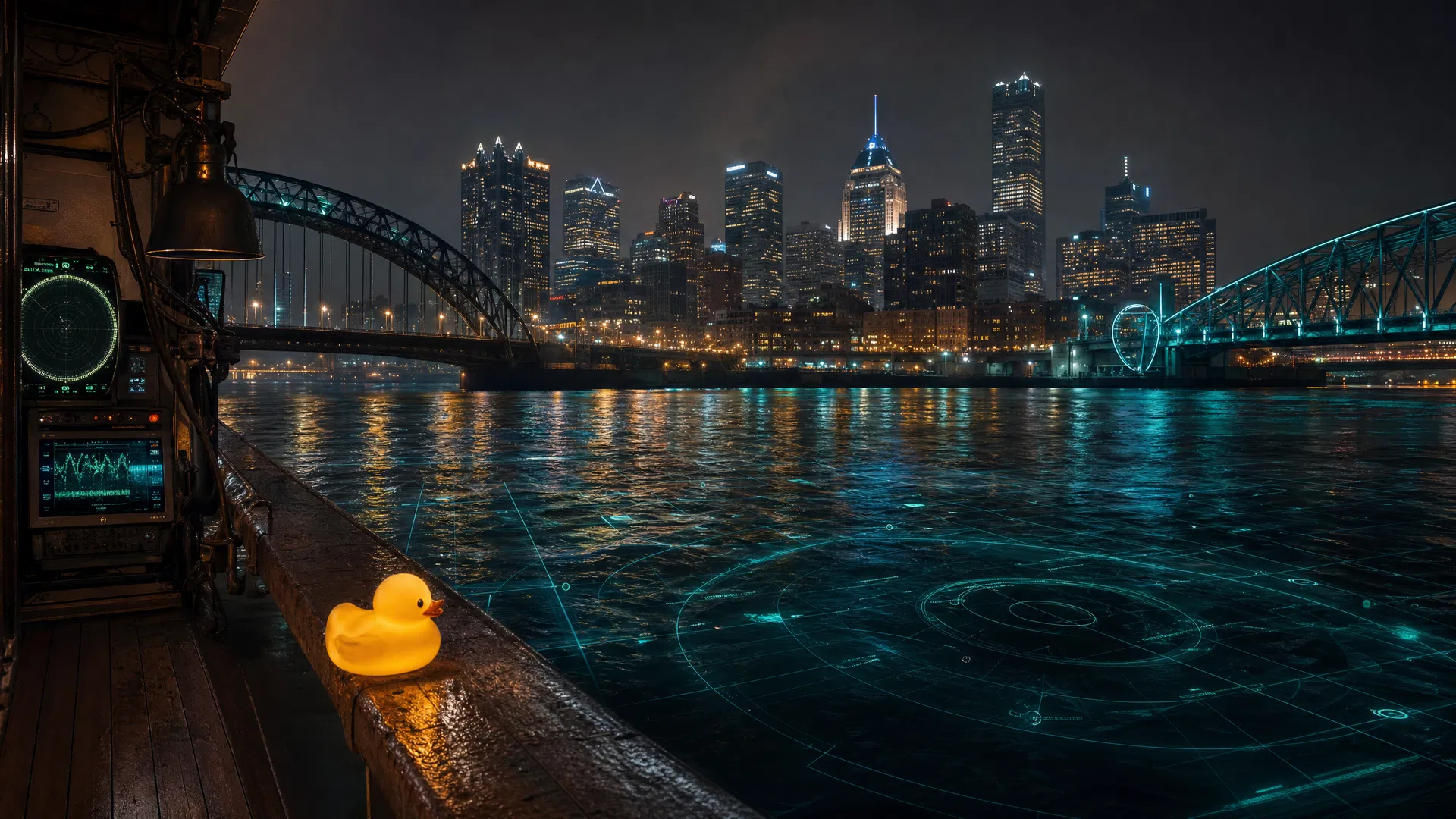 Pittsburgh river at night with hacker aesthetic