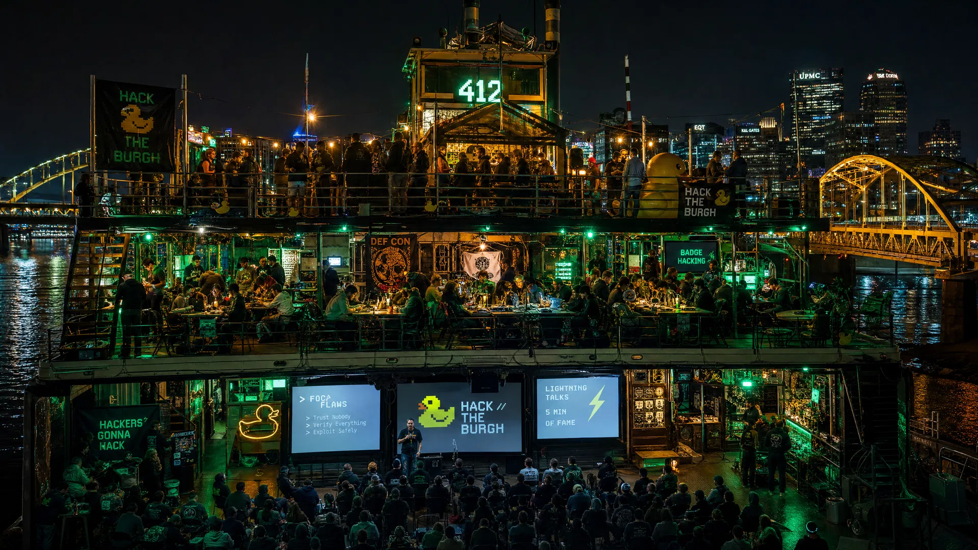 DuckyCon floating hacker village on Pittsburgh riverboat