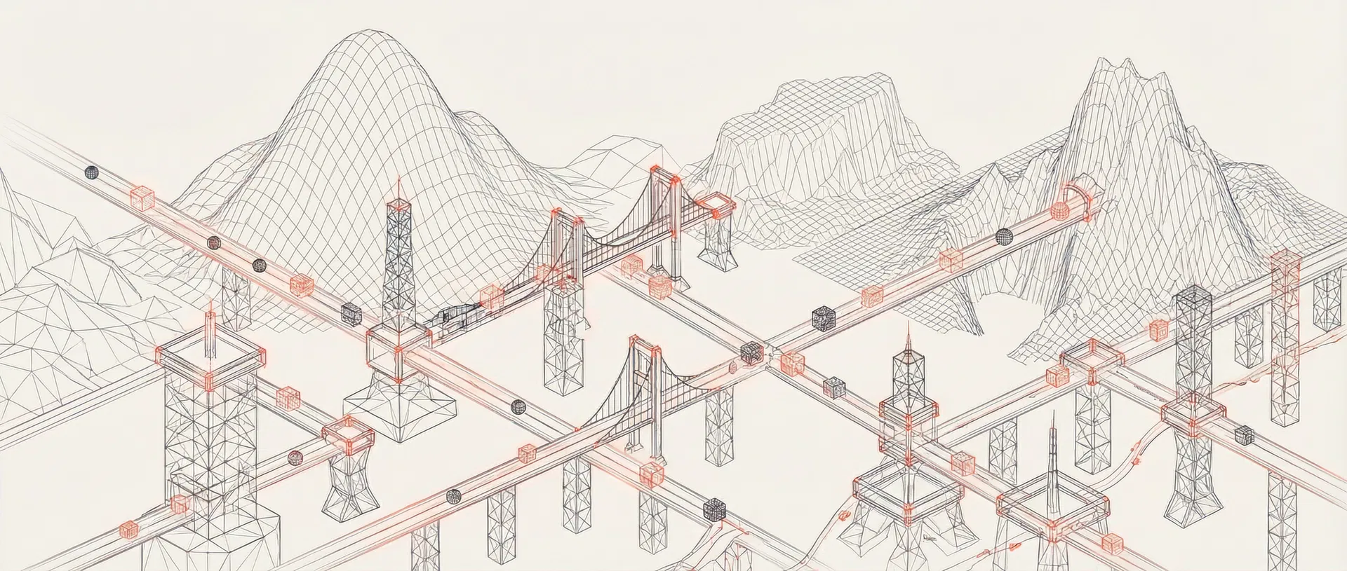 AIsa landscape — 3D wireframe panorama of interconnected platforms and data pathways with charcoal lines and red-orange accent nodes