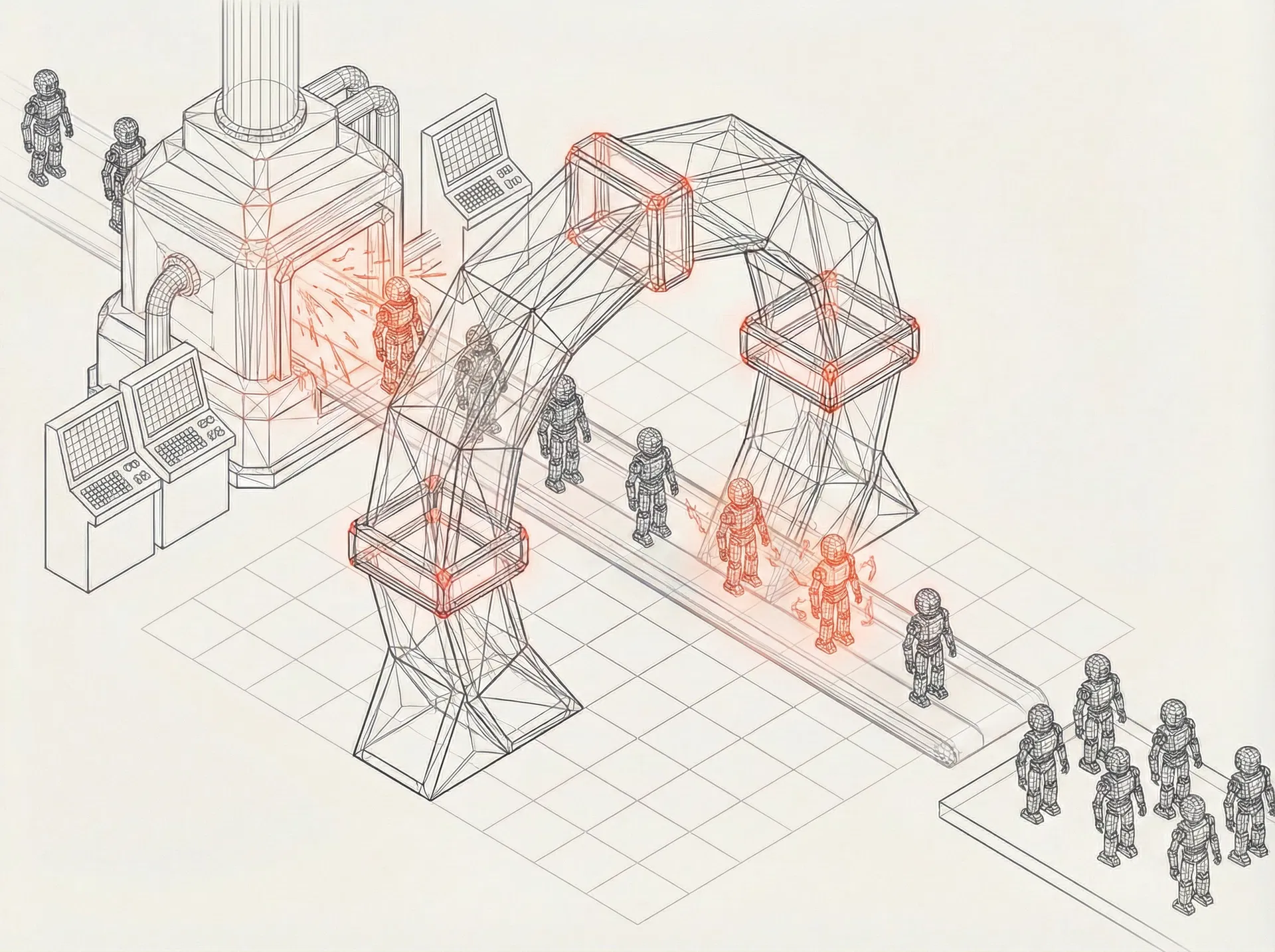 Foundry agent assembly — 3D wireframe showing factory assembly line transforming raw components into finished agent configurations