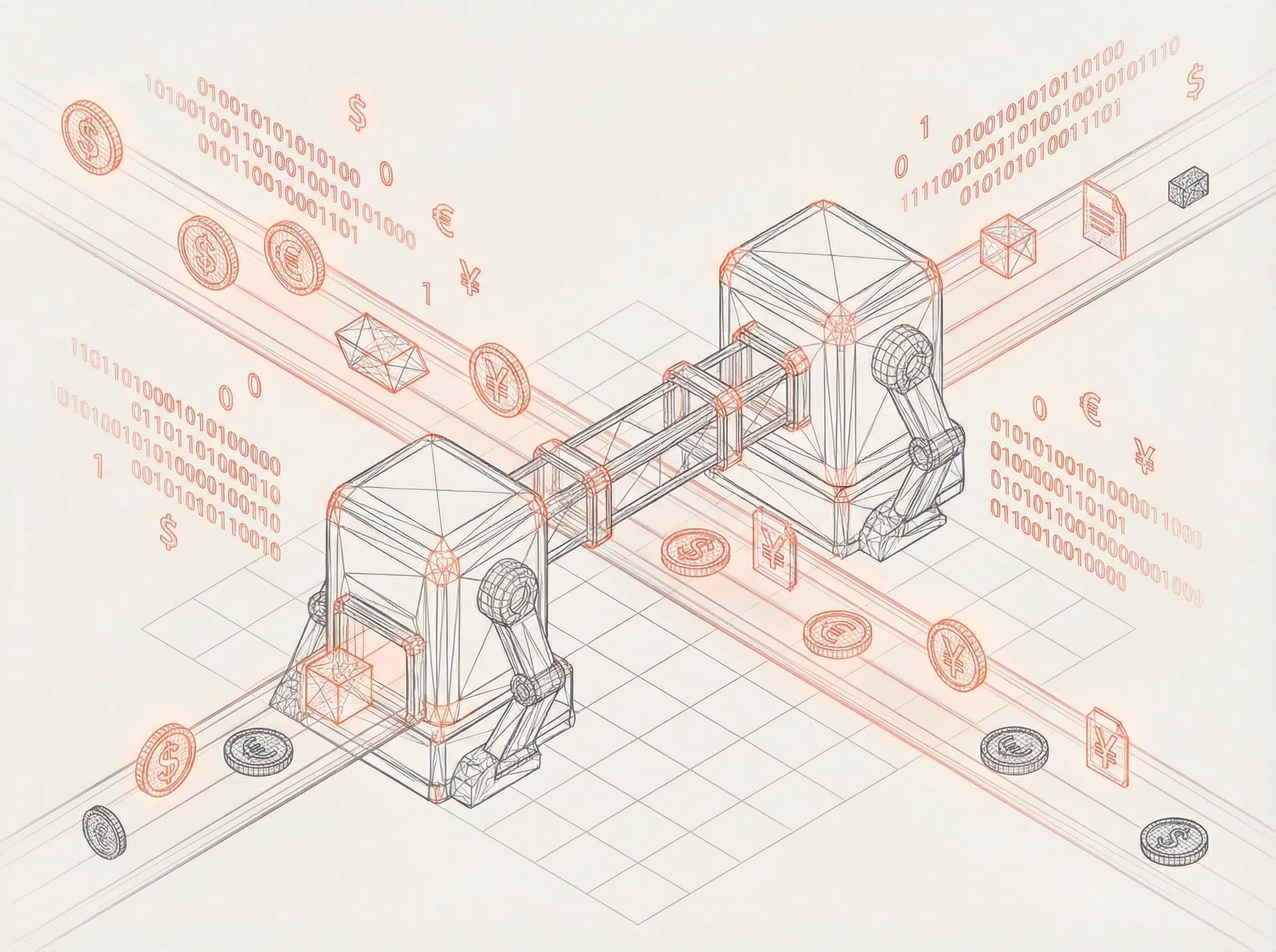 Agentic payments — 3D wireframe showing two autonomous systems connected by a bridge with flowing data packets and payment tokens