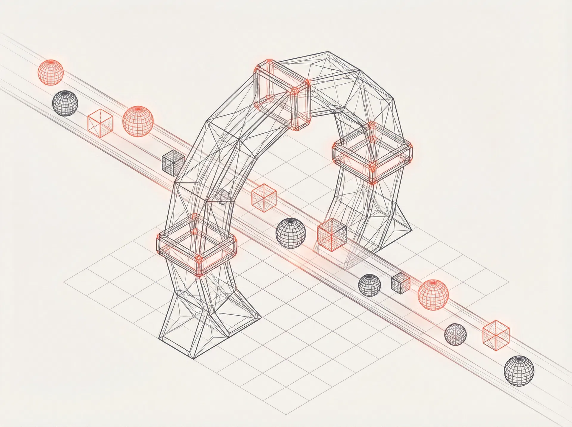Model Gateway — 3D wireframe arch with data objects flowing through, charcoal lines with red-orange accent nodes