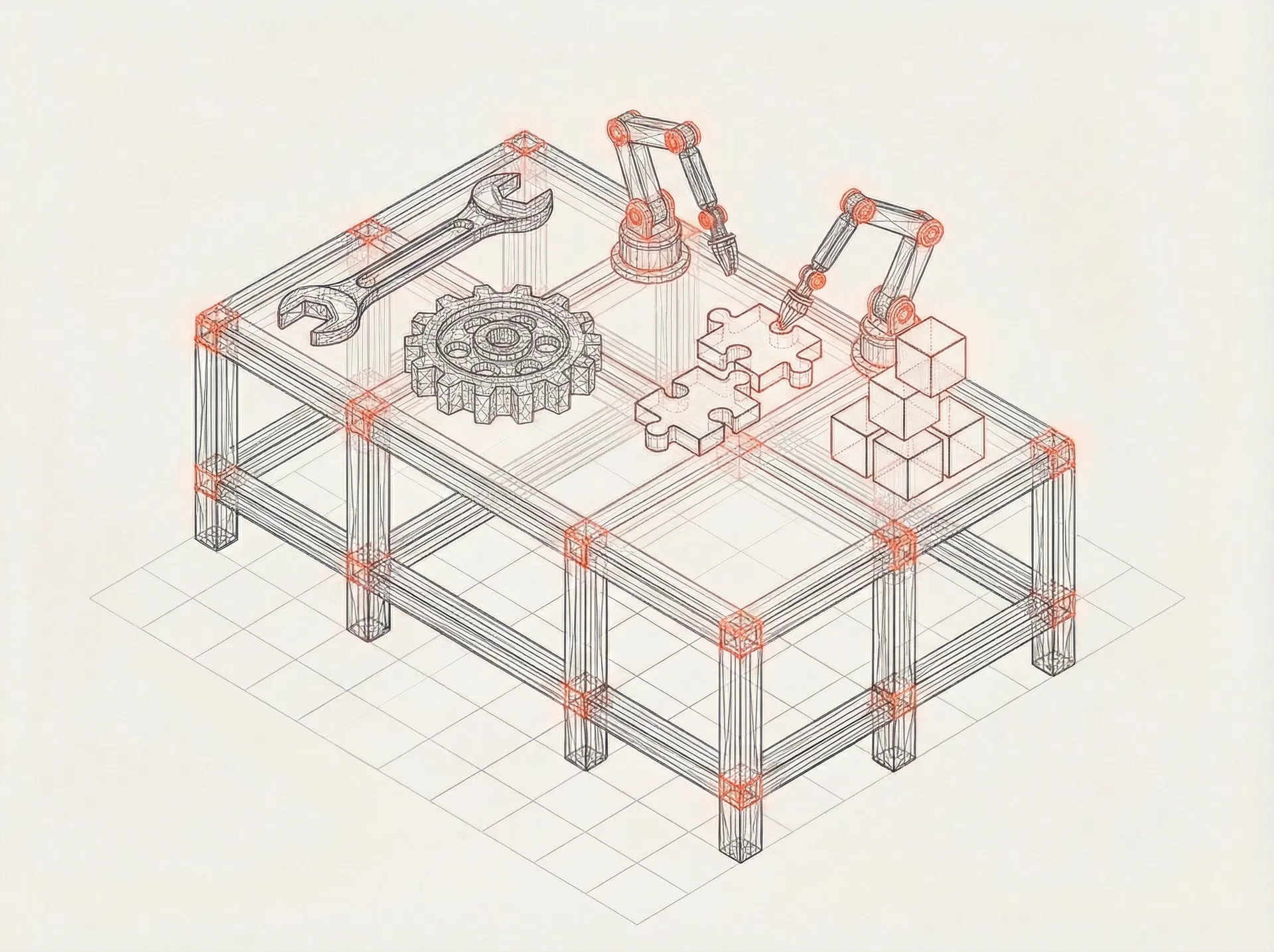 Skills composable modules — 3D wireframe showing interconnected geometric blocks with red accent nodes