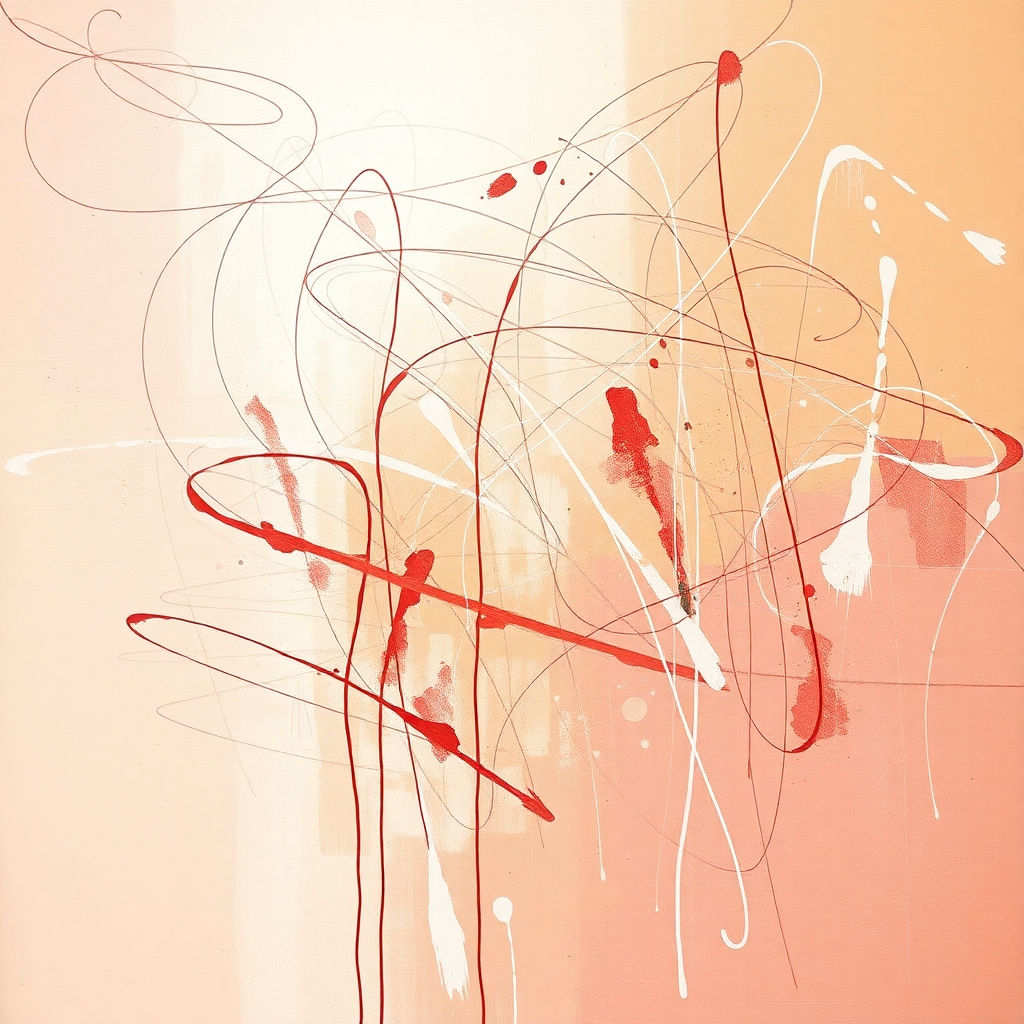 This dynamic abstract expressionist piece captivates with its energetic composition of swirling line