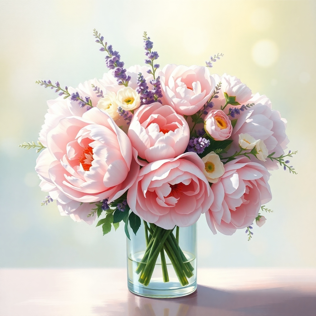 This exquisite AI-generated artwork presents a lush bouquet of soft pink peonies and delicate lavend
