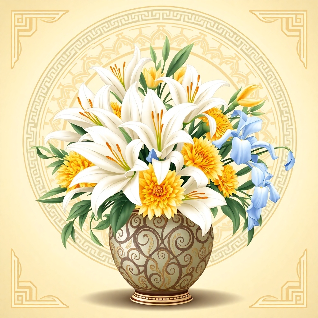 This exquisite digital illustration presents a vibrant floral arrangement, meticulously composed wit