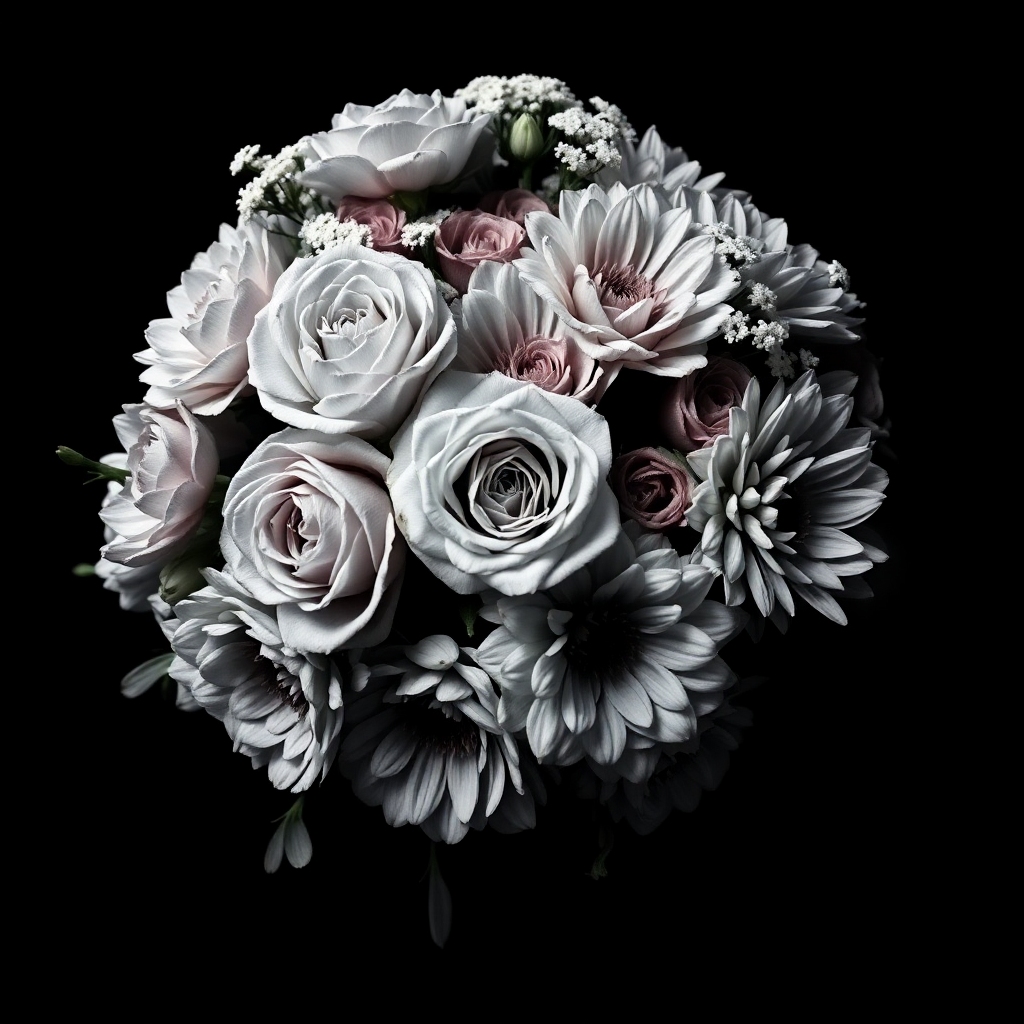 This striking AI-generated artwork presents a sophisticated floral arrangement, masterfully rendered