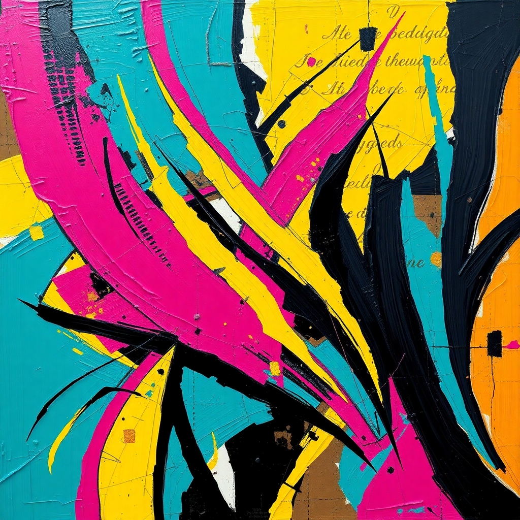 This vibrant abstract piece bursts with dynamic energy, showcasing thick impasto brushstrokes in a s