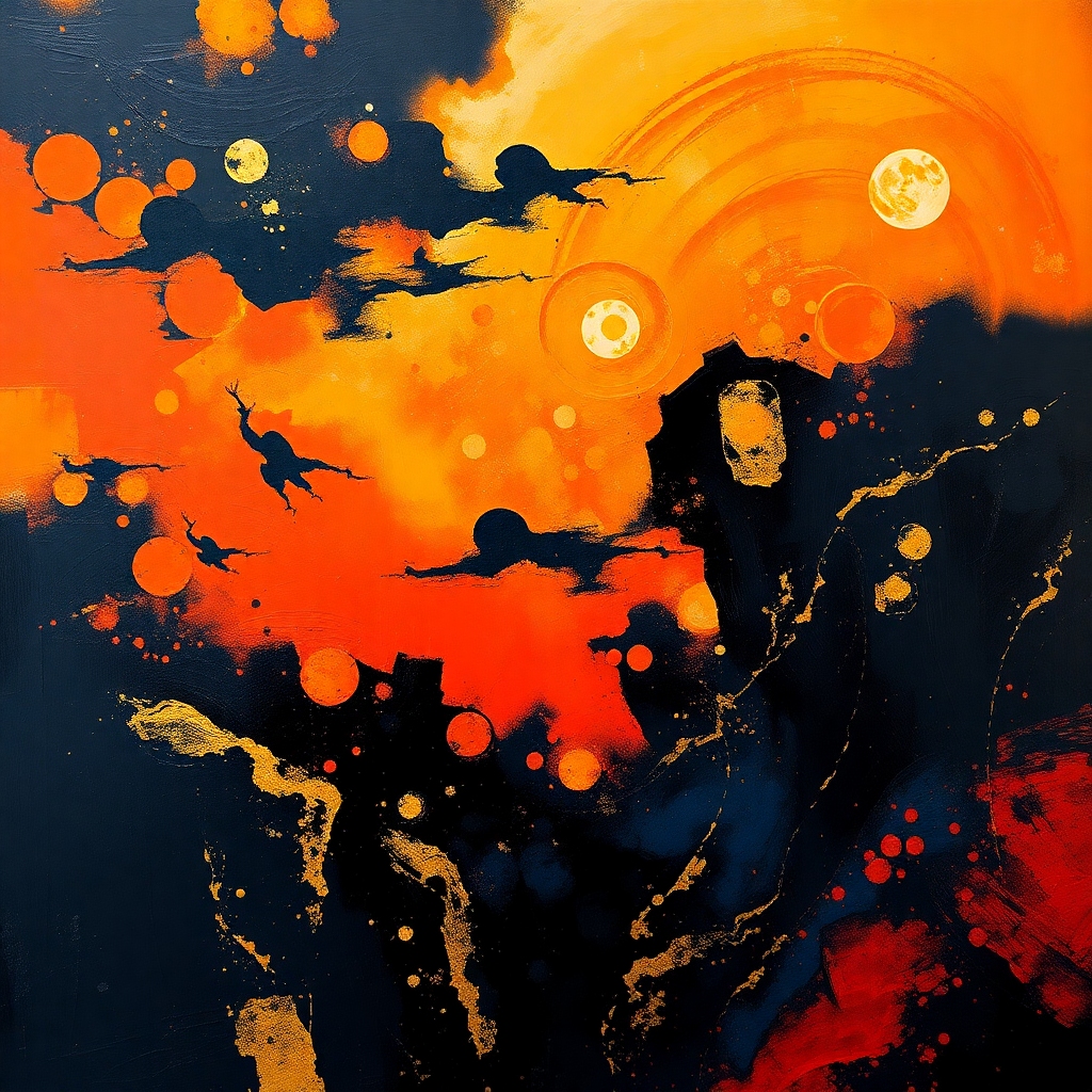 This vibrant abstract piece bursts with dynamic energy, featuring a striking contrast between deep b