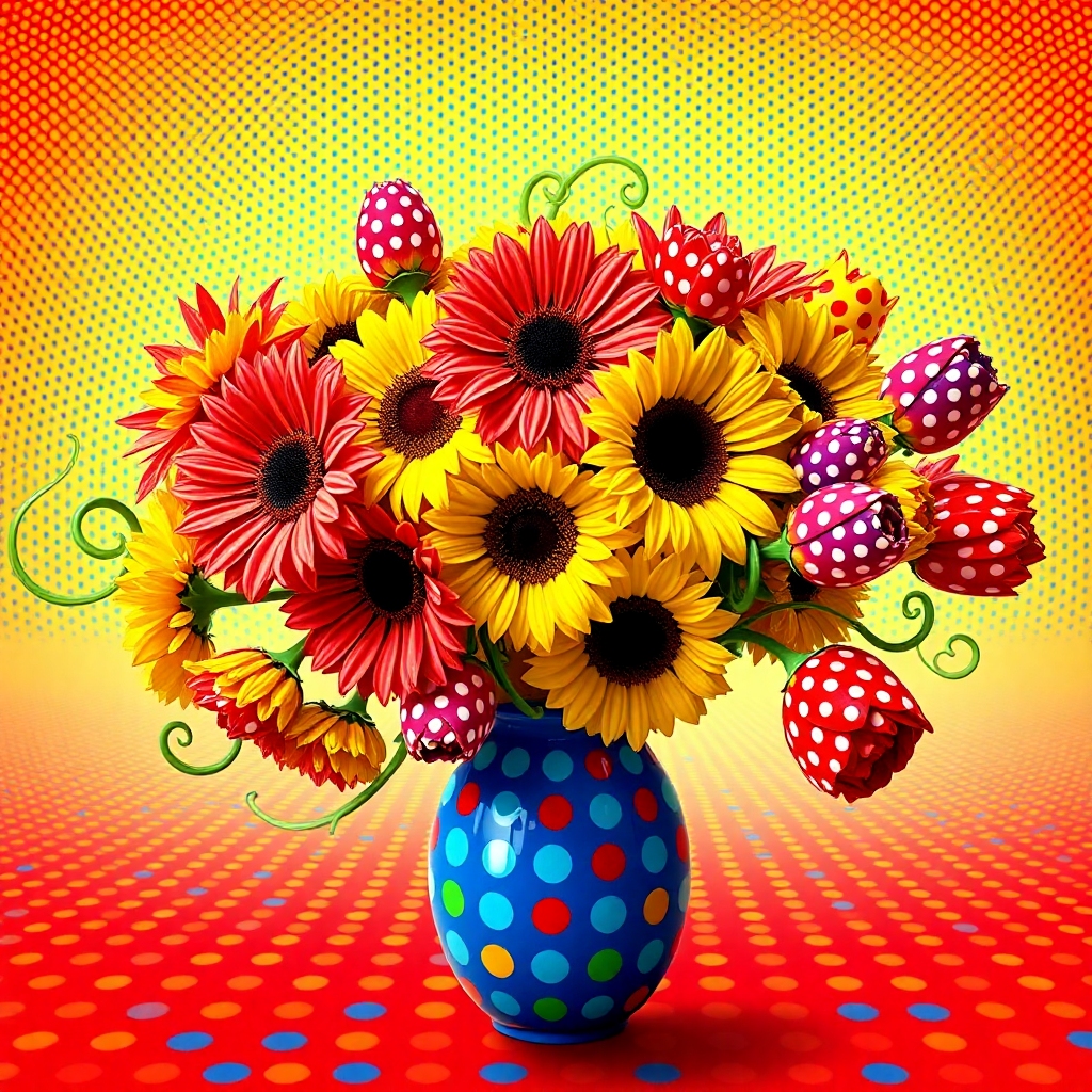 This vibrant AI-generated artwork presents a dynamic still life, bursting with the bold energy of Po