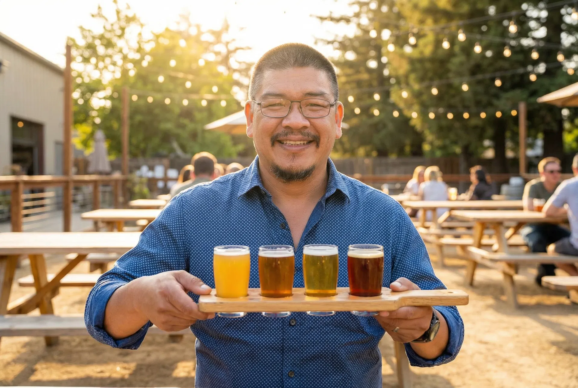 Carlos holding a beer flight