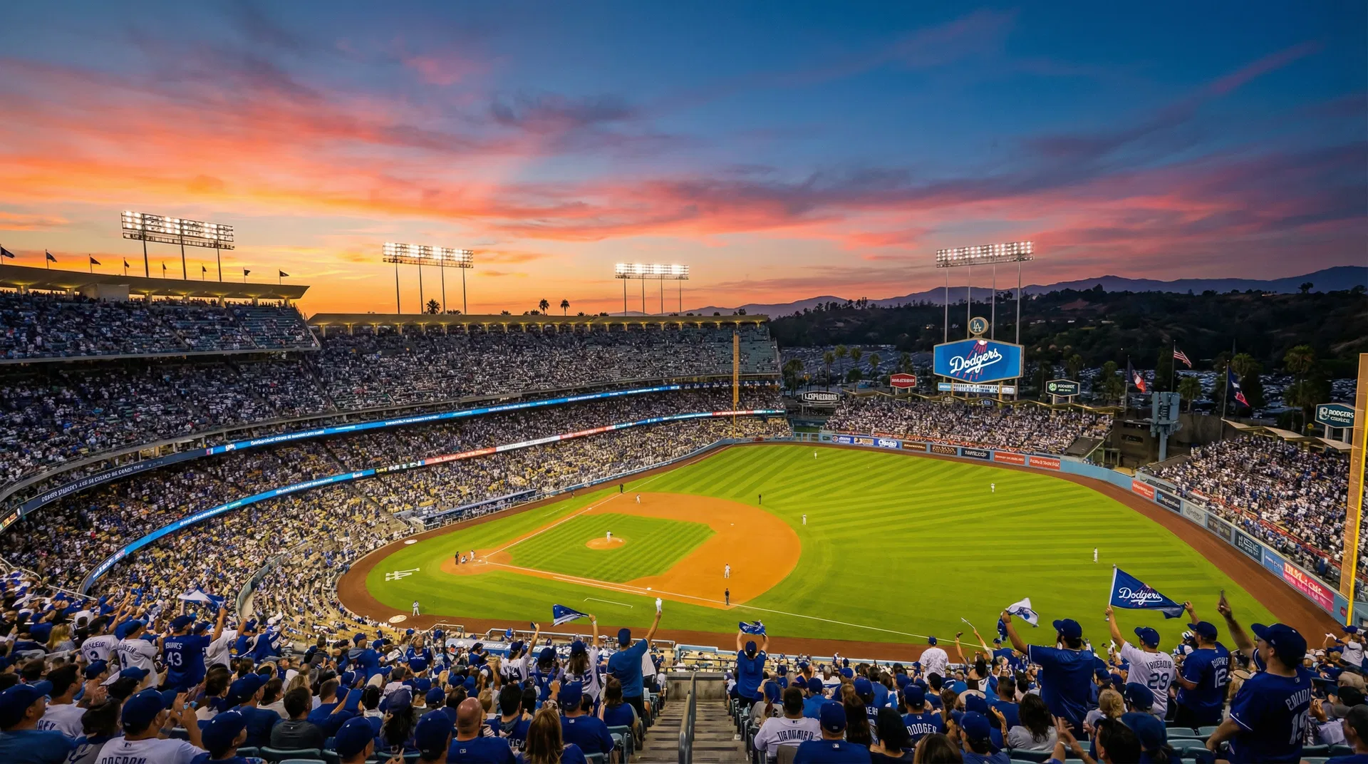 Dodger Stadium night panorama with fireworks