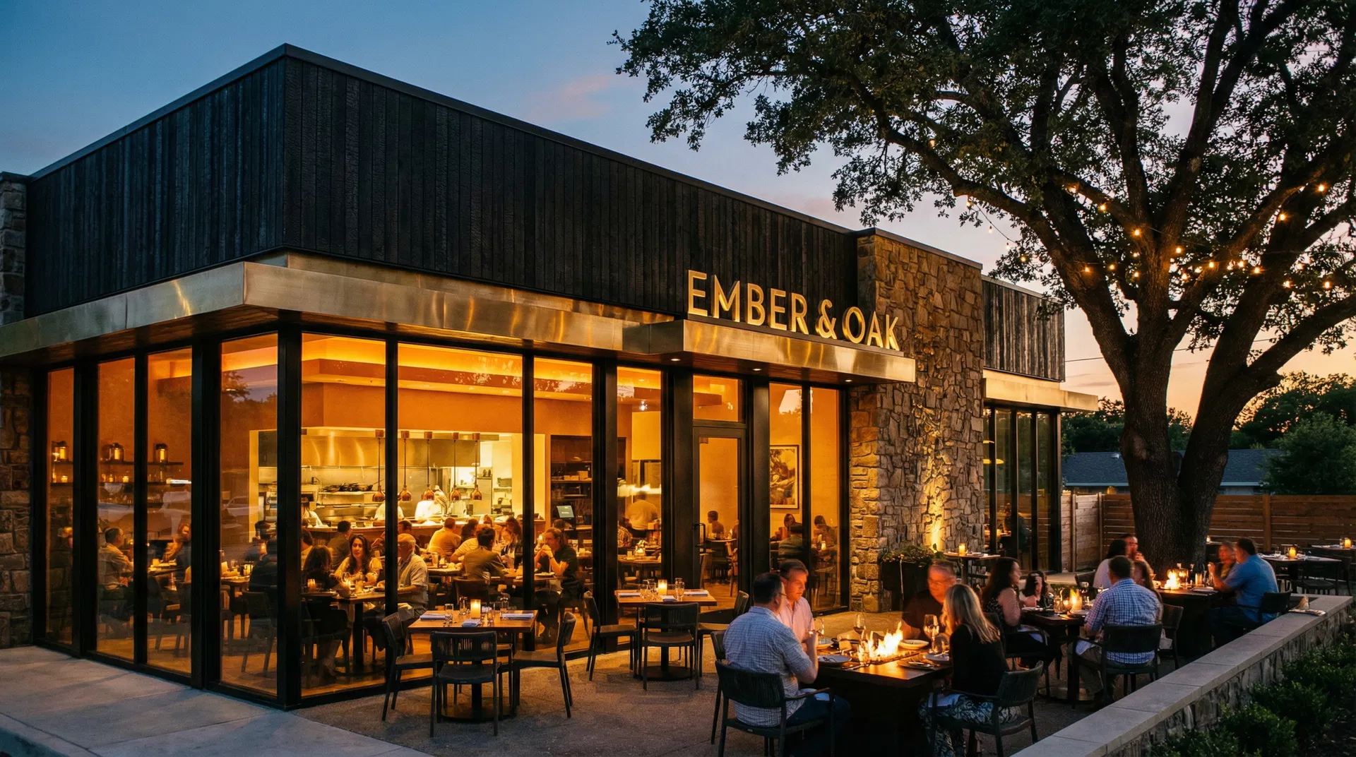 Ember & Oak exterior at twilight