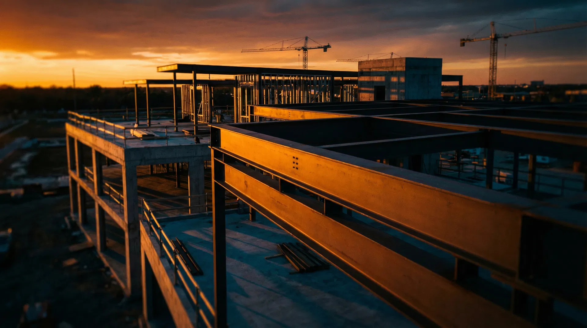 Modern construction site at golden hour
